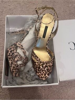 Caparros Leopard Print Ankle-Strap Open-Toe Heels with Gold Insole